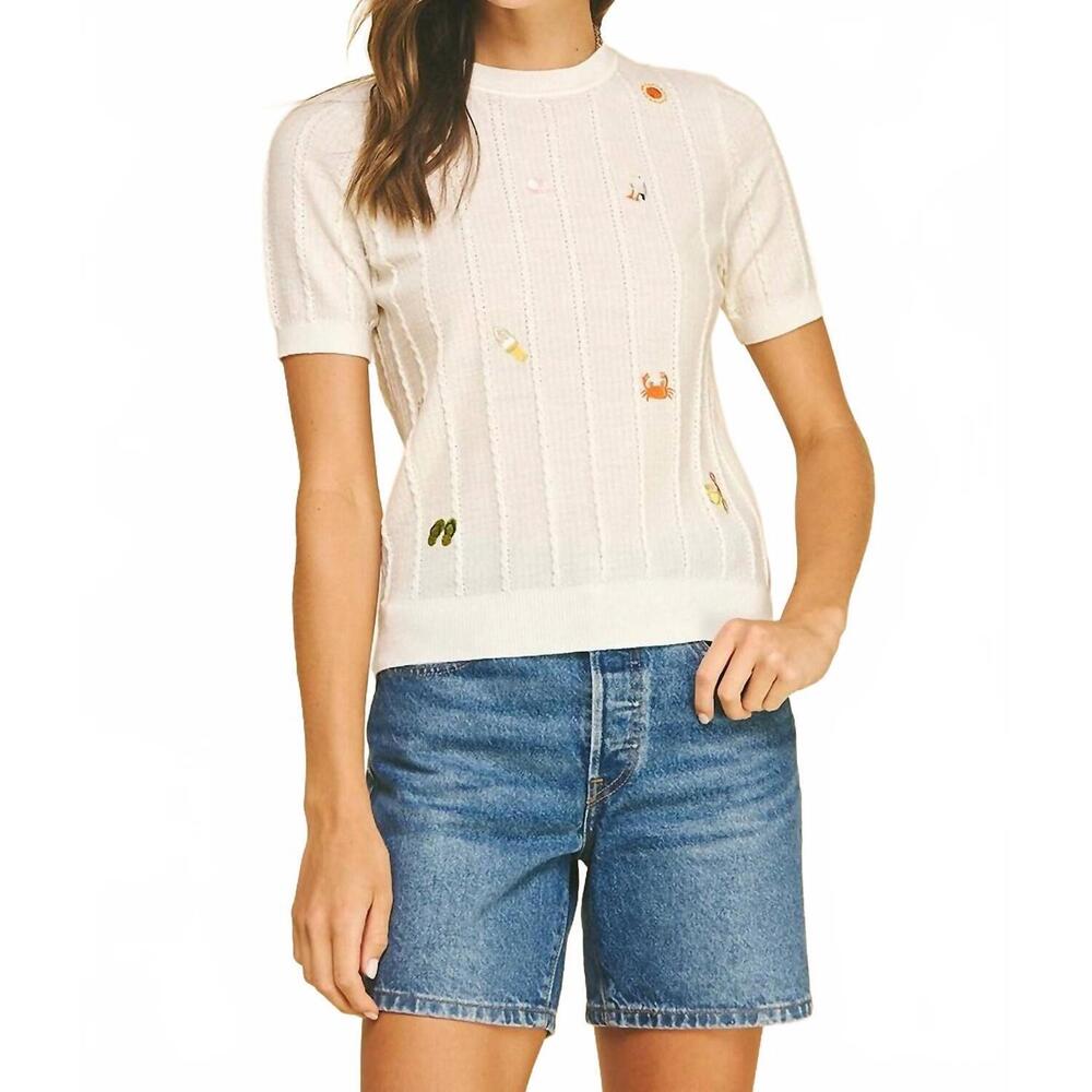 NEW PINCH seaside embroidered knit sweater in white